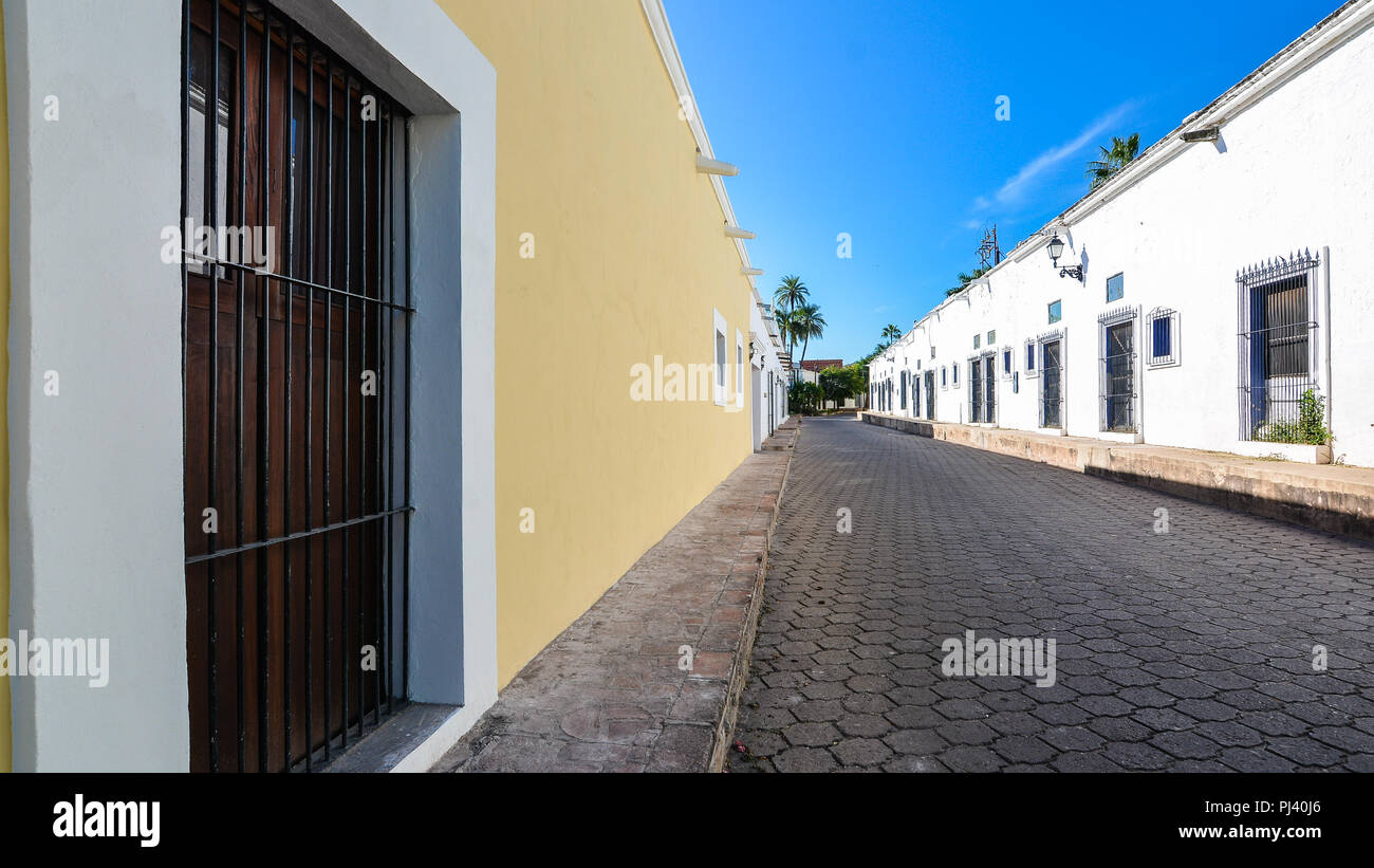 Typical street in the Spanish Colonial town of Alamos, Sonora, Mexico Stock Photo