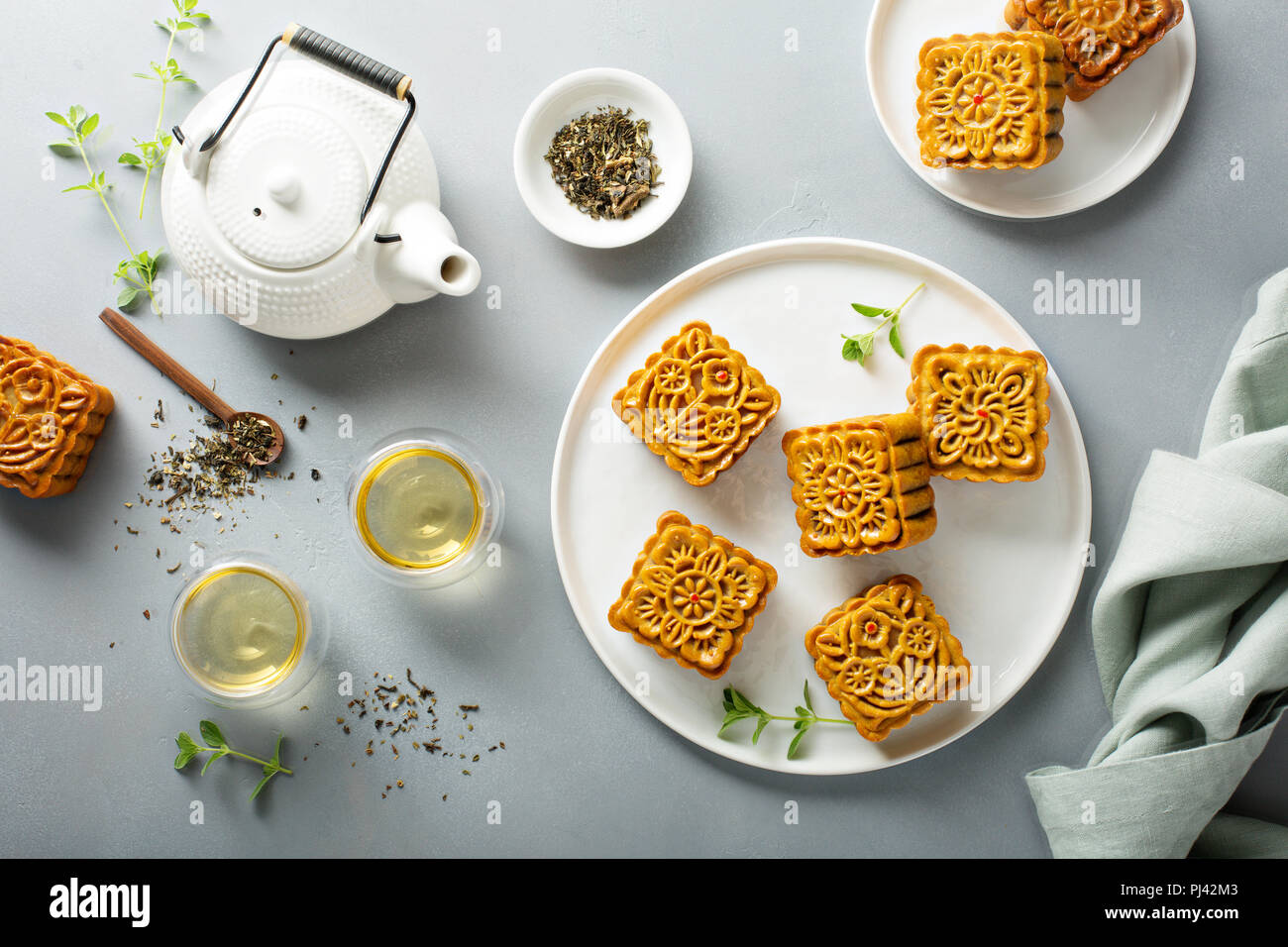 Traditional Chinese mooncakes with lotus, bean paste and egg yolks Stock Photo