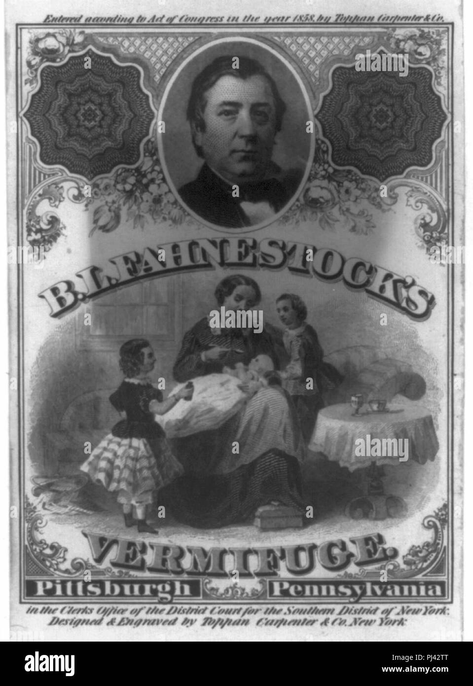 B.L. Fahnestock bust, facing right, on advertisement for Fahnestock's Vermifuge Stock Photo