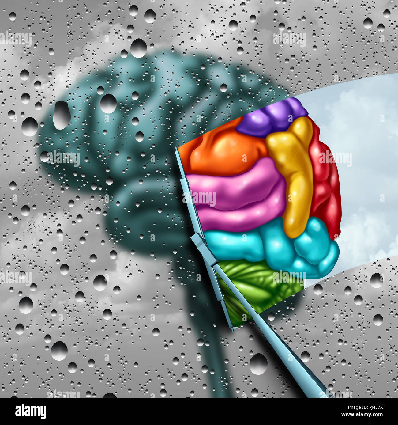 Brain creativity as a gray blurry brain with drops on a window as a wiper cleans the confusion to a creative thinking as a symbol of autism and autist Stock Photo