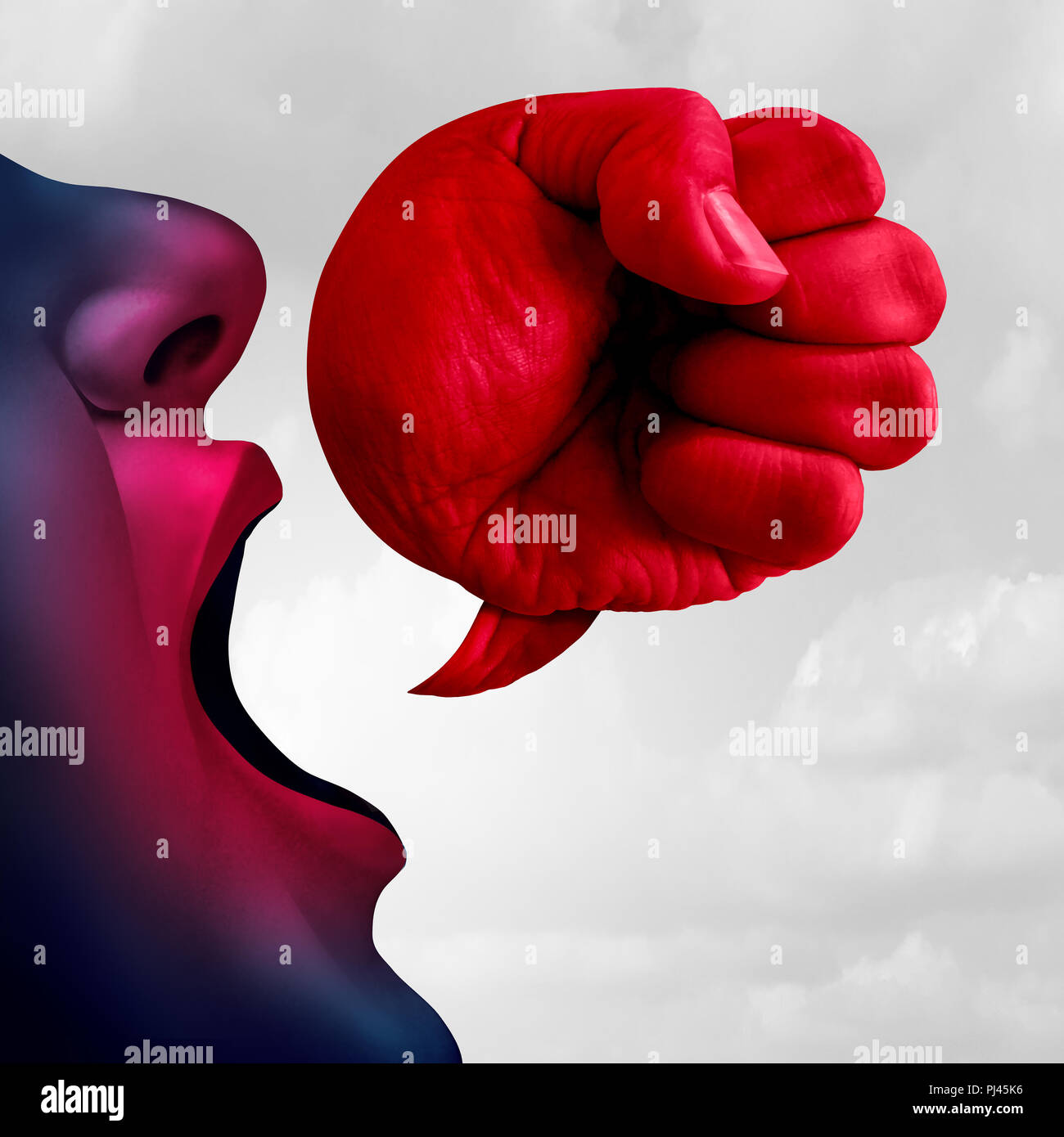 Social bullying and aggressive hurtful language as a bully talking with a speech bubble shaped as a fist as a symbol for debate or legal defence. Stock Photo