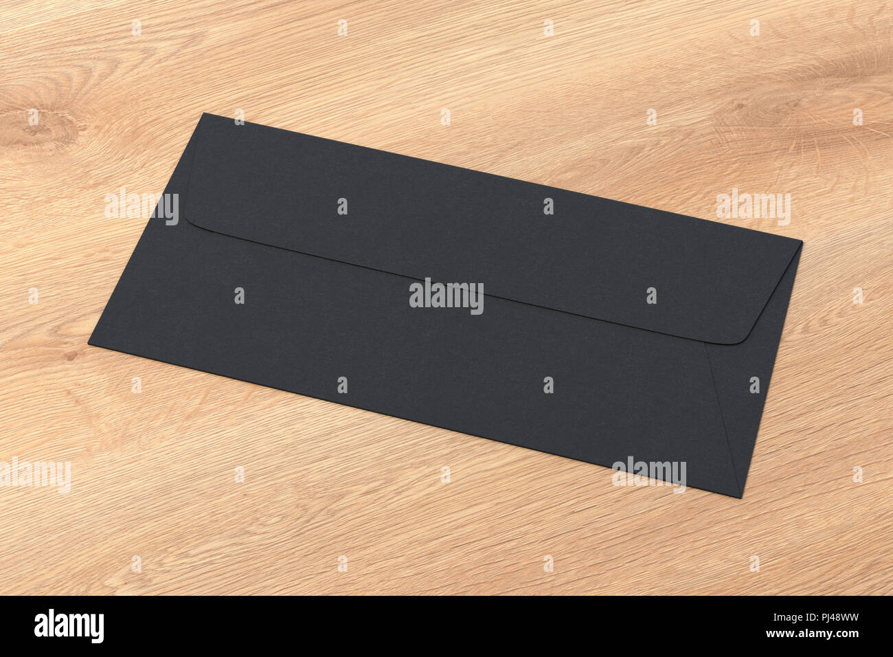 Black blank closed envelope on wooden background. 3d render Stock Photo ...
