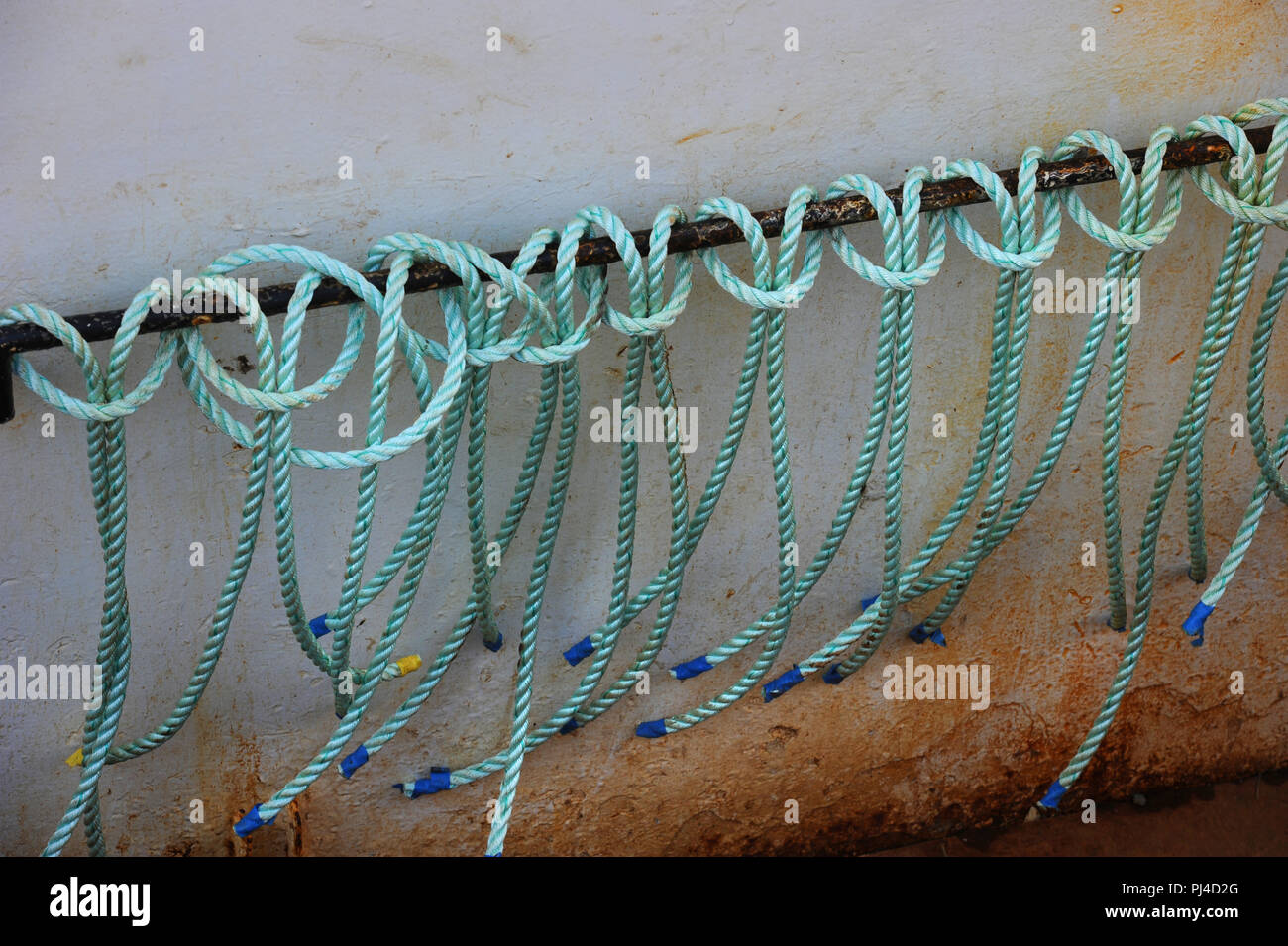 Rope ties stowed on the deck of a scallop dredger fishing boat Stock ...