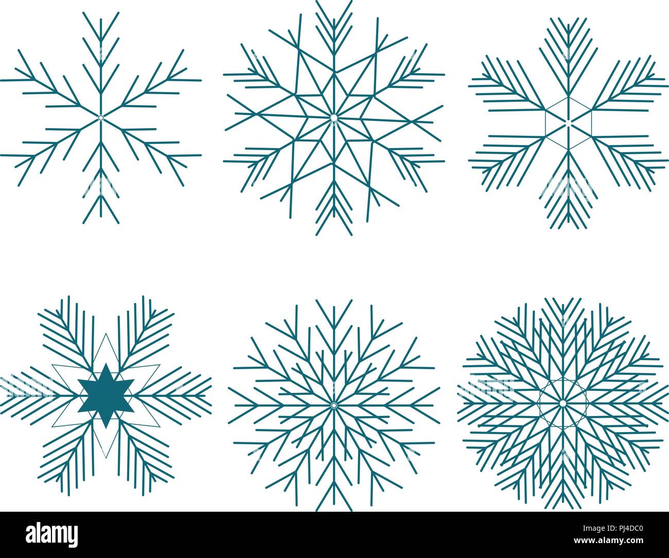 Snowflake Winter Set of Blue Isolated Six Icon Silhouette on White Background. Stock Vector