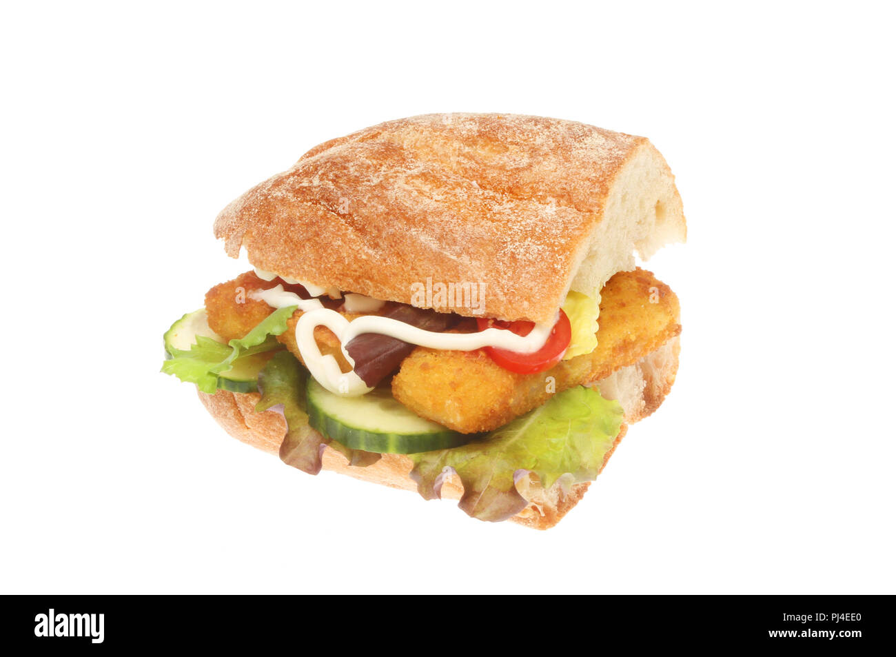Fish fingers and salad in a ciabatta roll isolated against white Stock Photo