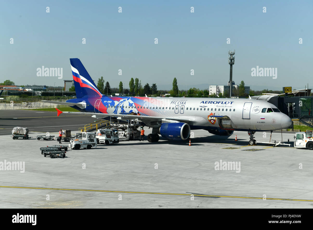 Colombier-Saugnieu (south-eastern France). 2018/04/19. Lyon Saint-Exupery Airport.  Airbus A320-214 on the tarmac, plane belonging to Aeroflot - Russi Stock Photo