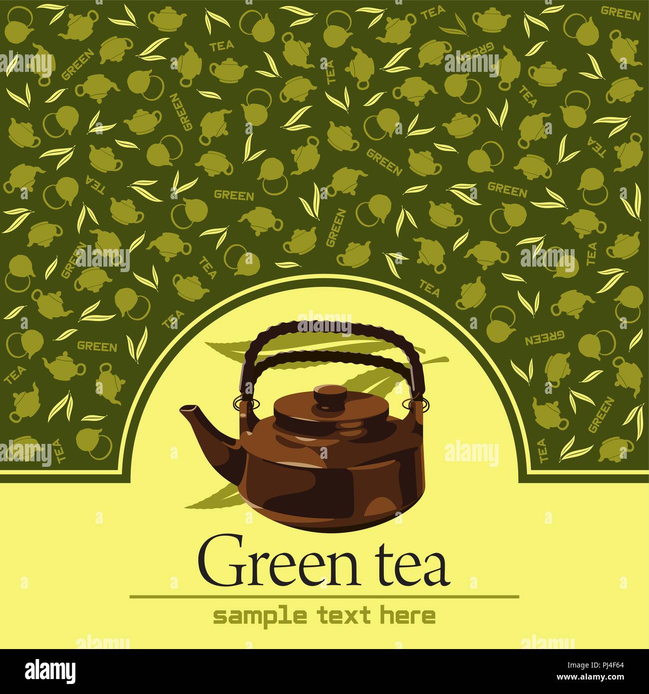 Label template with a ceramic teapot and inscription "Green tea Stock