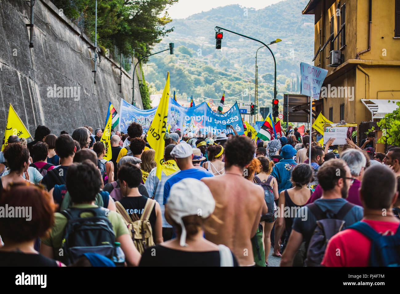 Ventimiglia, Italy, 14.07.2018: People who protest during an anti-racist demonstration in Ventimiglia. Italy Stock Photo