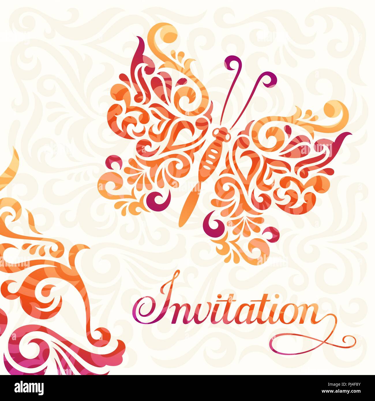 Invitation template in vintage style with abstract floral background and butterfly Stock Vector