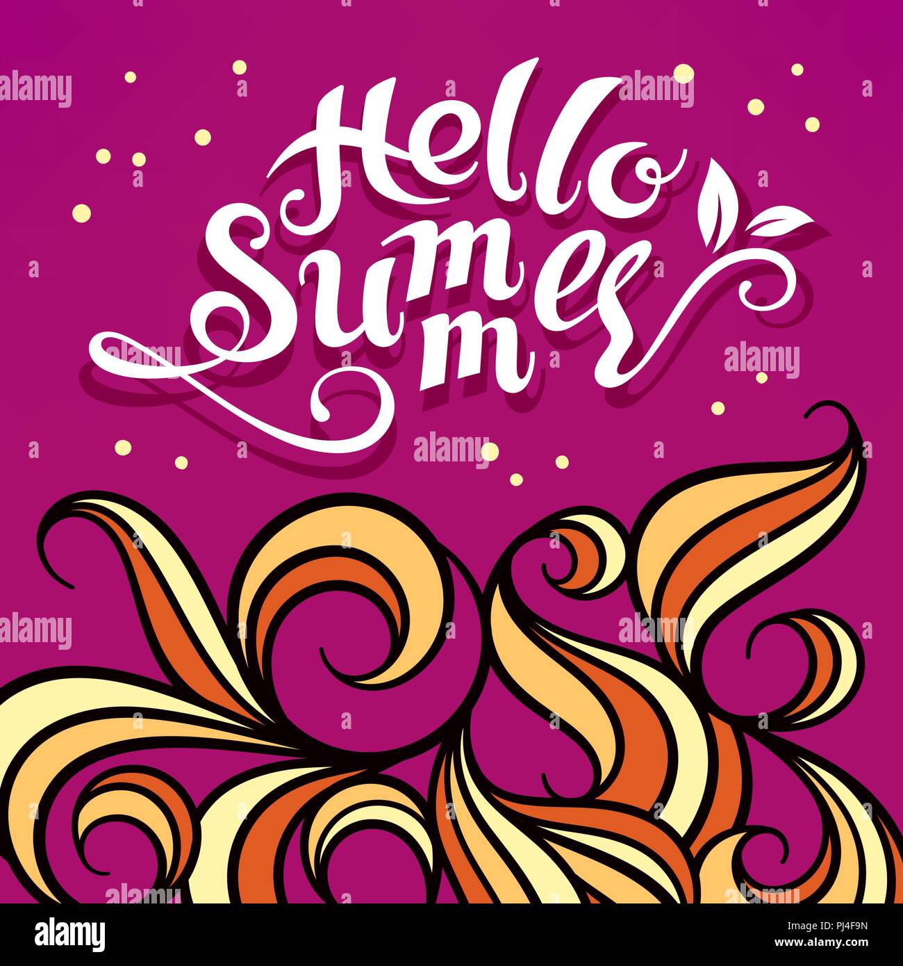 Handmade calligraphic typography lettering Hello Summer. Abstract vector background. Floral pattern Stock Vector