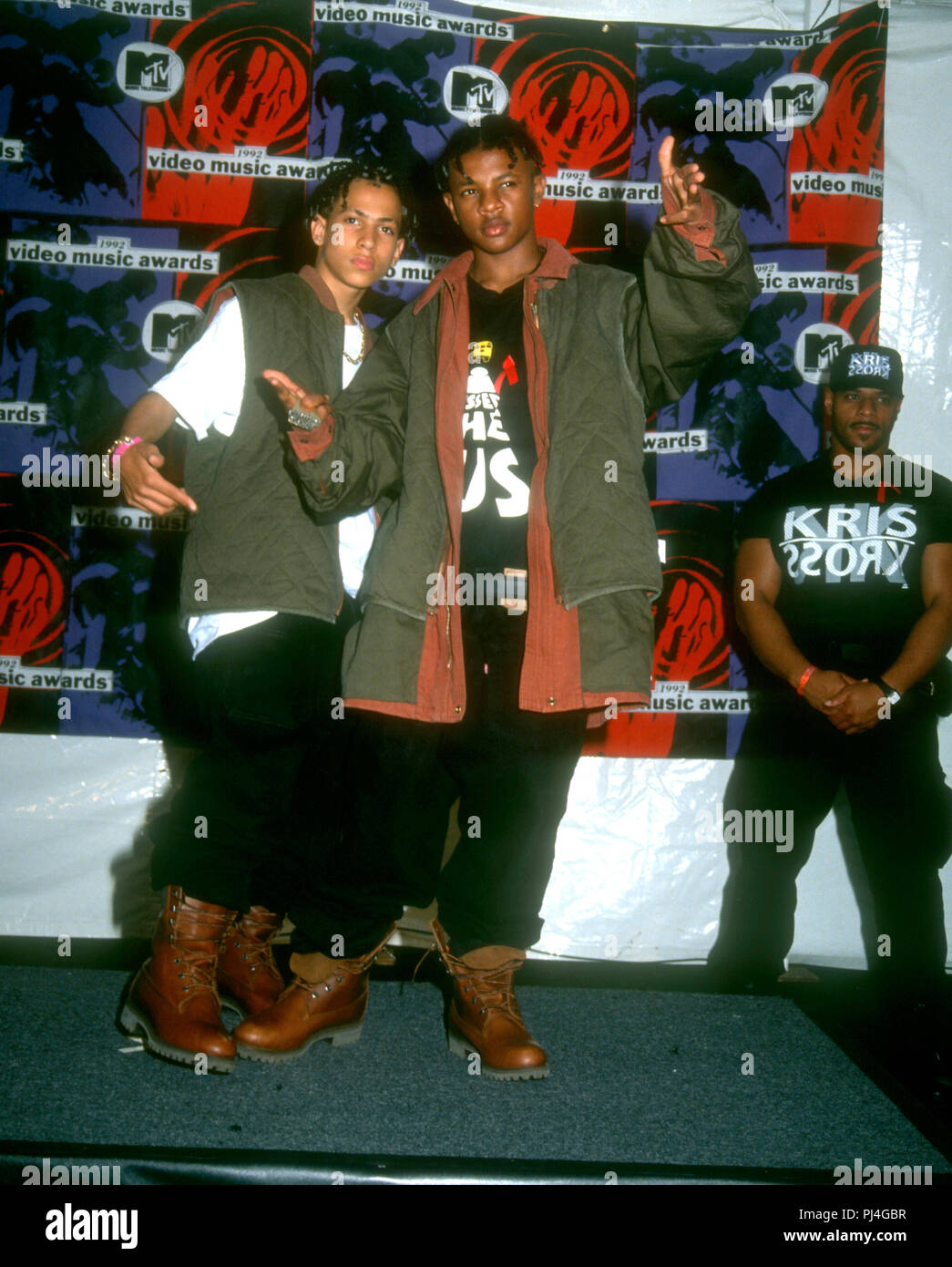 LOS ANGELES, CA - SEPTEMBER 9: (L-R) Musicians Chris Kelly and Chris Smith of Kris Kross attend the Ninth Annual MTV Video Music Awards on September 9, 1992 at Pauley Pavilion, UCLA in Westwood, Los Angeles, California. Photo by Barry King/Alamy Stock Photo Stock Photo