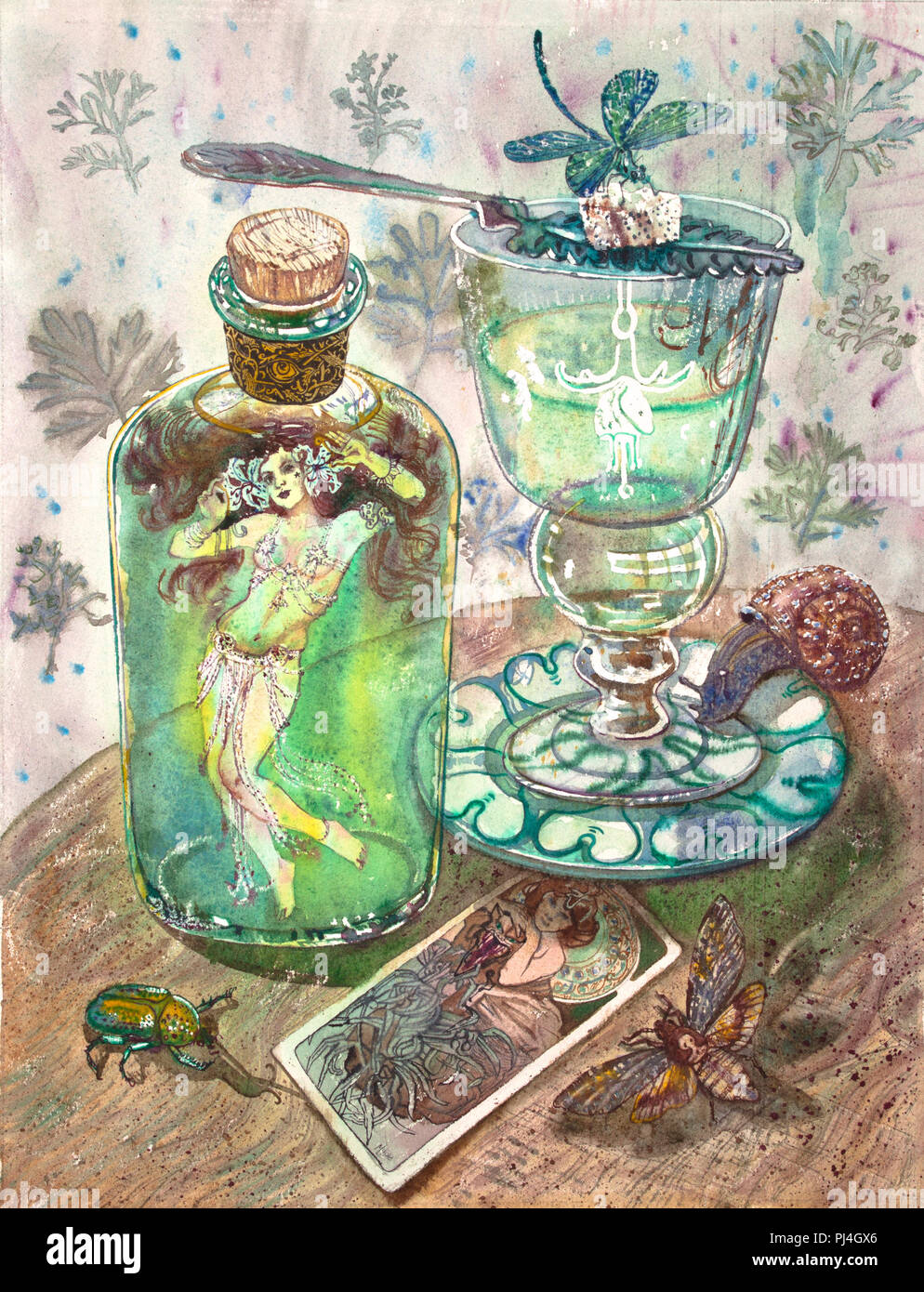 Absinth fairy. Beautiful girl in a belly dance costume, green absinthe bottle, glass, insects, dragonfly, snail, beetle, death's head hawkmoth, art nouveau picture. Fantasy gothic vintage illustration Stock Photo
