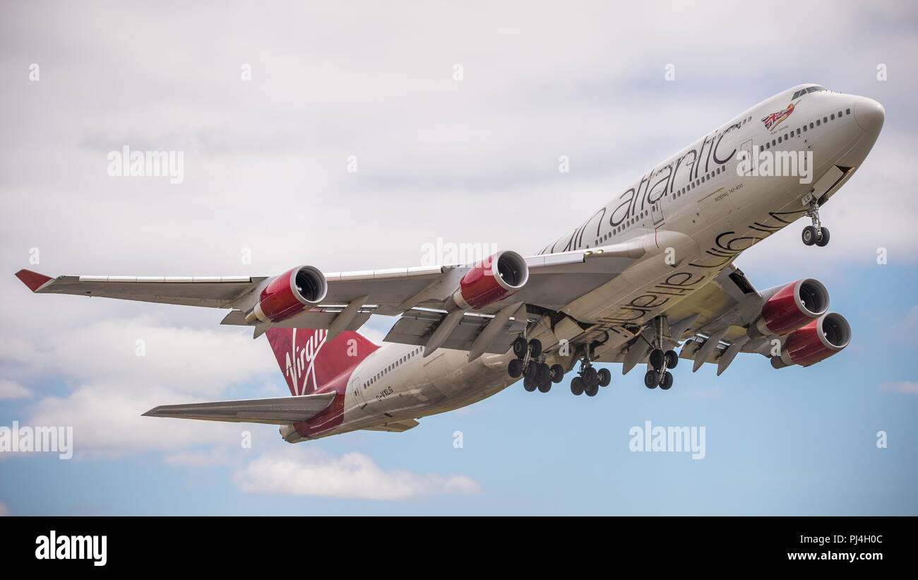 Virgin Atlantic Jumbo Jet (Boeing 747-400) seen departing Glasgow International Airport, Renfrewshire, Scotland - 5th June 2018 Stock Photo