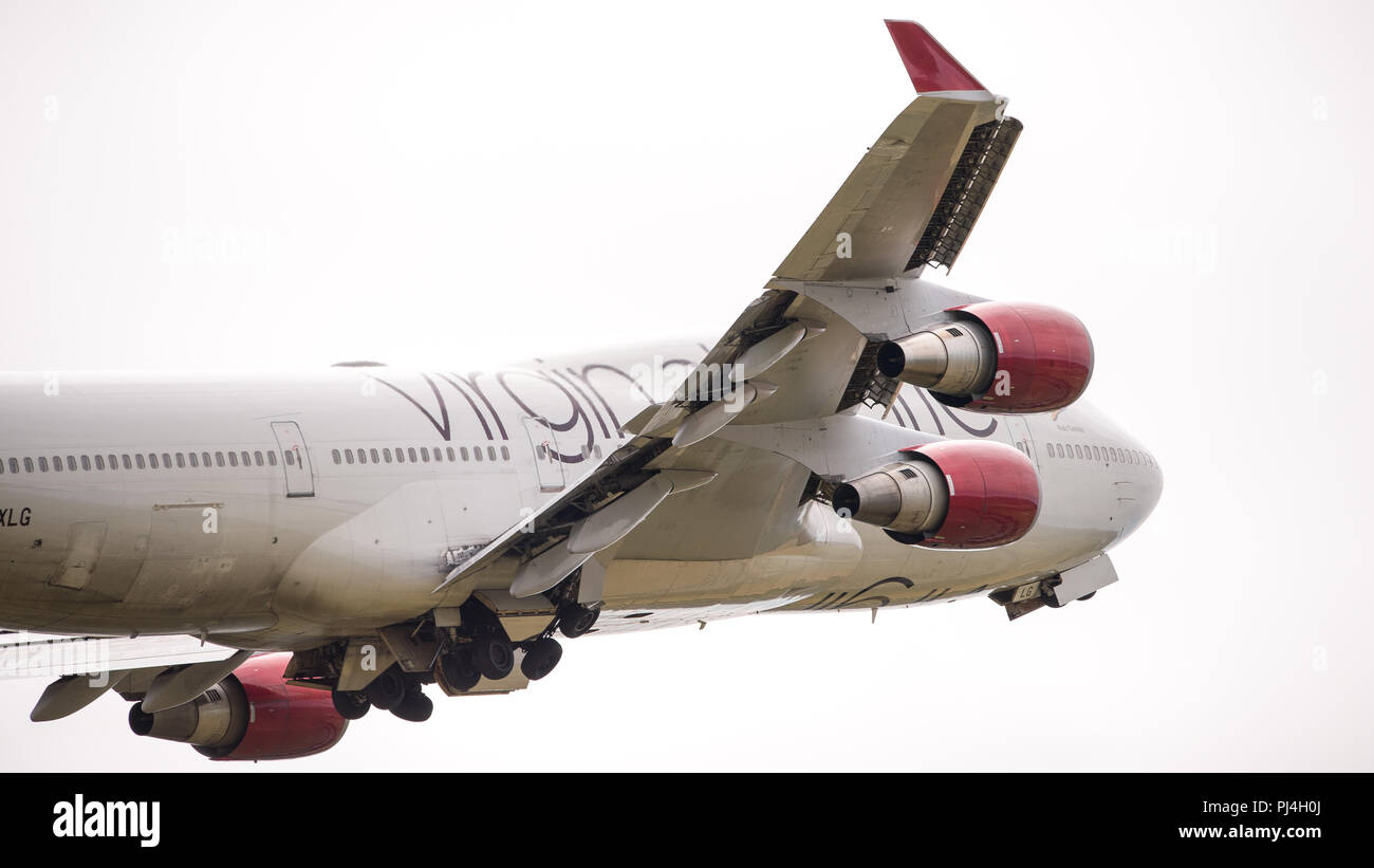 Virgin Atlantic Jumbo Jet (Boeing 747-400) seen departing Glasgow International Airport, Renfrewshire, Scotland - 5th June 2018 Stock Photo
