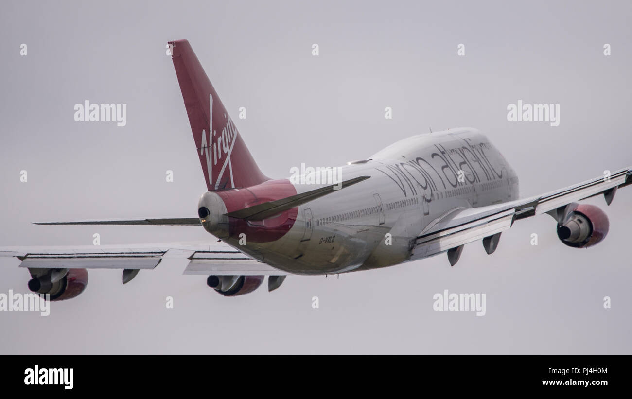 Virgin Atlantic Jumbo Jet (Boeing 747-400) seen departing Glasgow International Airport, Renfrewshire, Scotland - 5th June 2018 Stock Photo