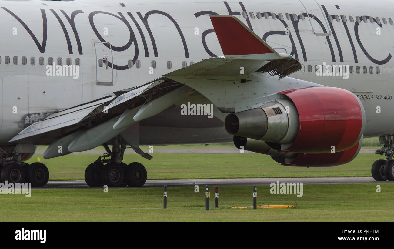 Virgin Atlantic Jumbo Jet (Boeing 747-400) seen departing Glasgow International Airport, Renfrewshire, Scotland - 9th September 2017 Stock Photo