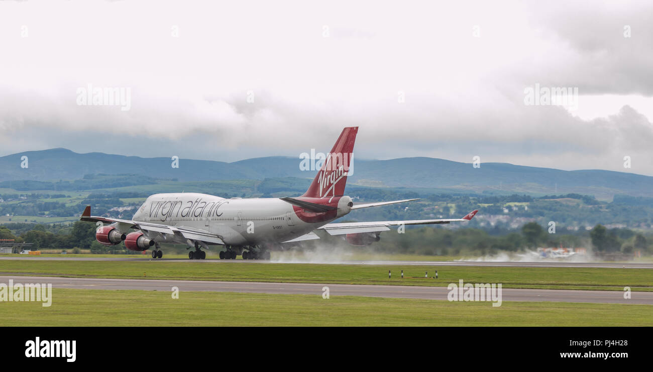 Virgin Atlantic Jumbo Jet (Boeing 747-400) seen departing Glasgow International Airport, Renfrewshire, Scotland - 9th September 2017 Stock Photo