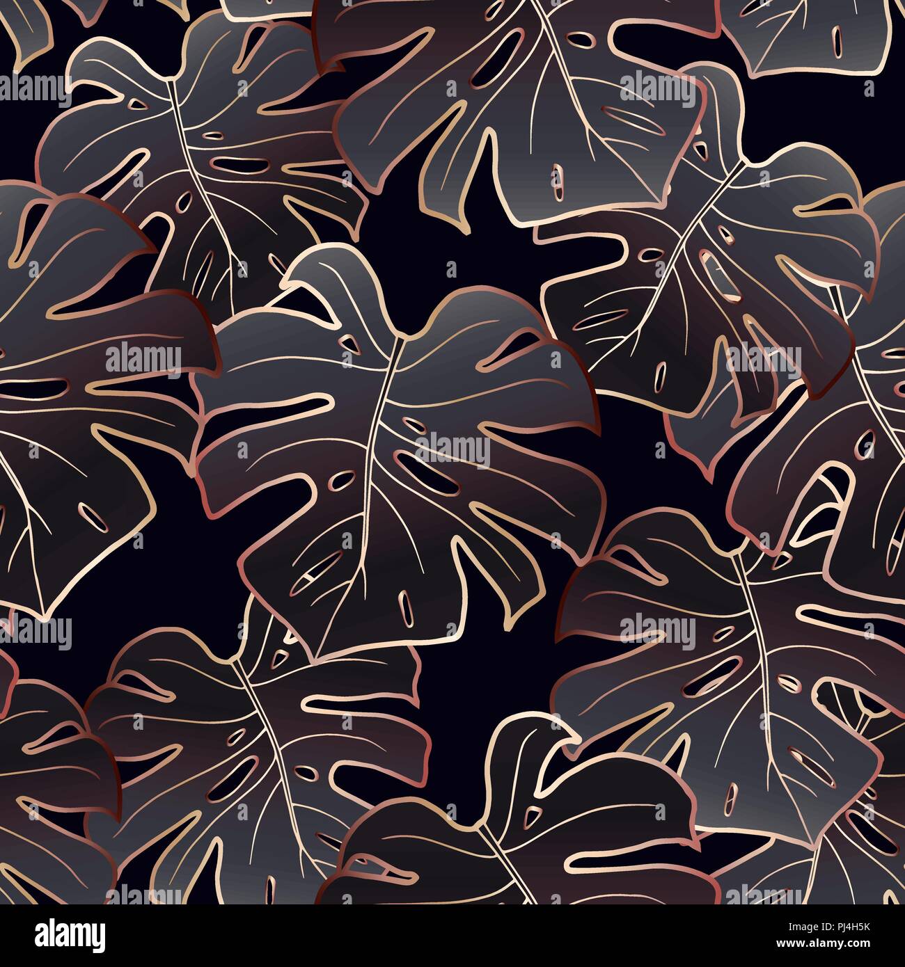 Rose gold and black monstera. Seamless pattern. Stock Vector