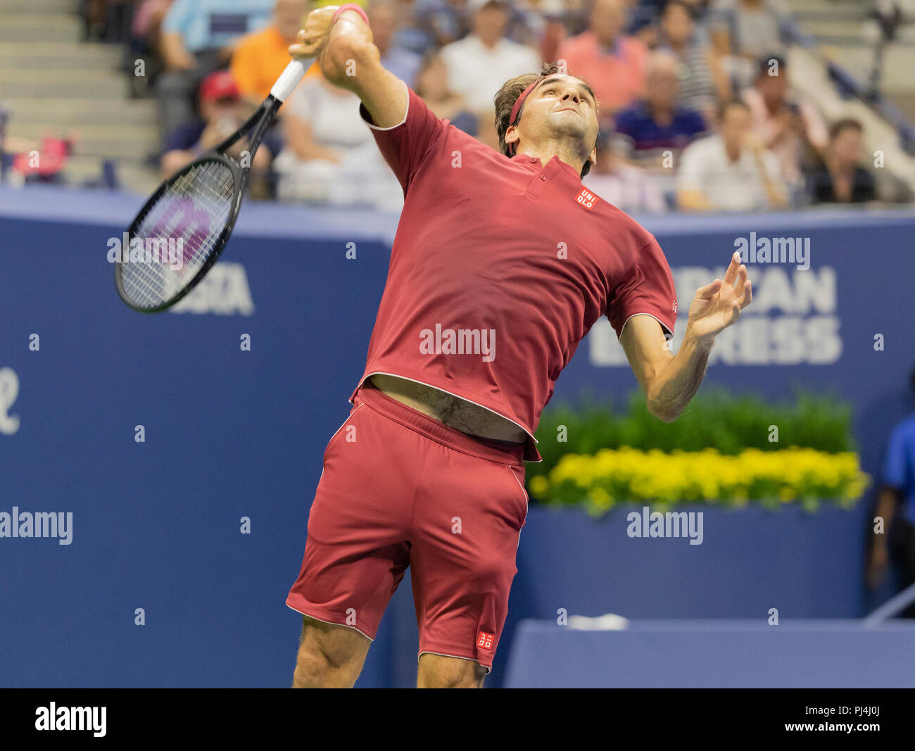 New York, United States. 03rd Sep, 2018. Roger Federer of Switzerland serves during US Open 2018 4th round match against John Millman of Australia at USTA Billie Jean King National Tennis Center Credit: Lev Radin/Pacific Press/Alamy Live News Stock Photo