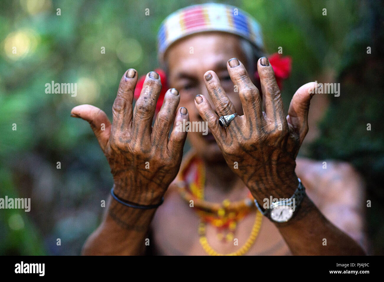 Tatooed hands of an old shaman, Mentawai, Siberut, Sumatra, Indonesia Stock Photo