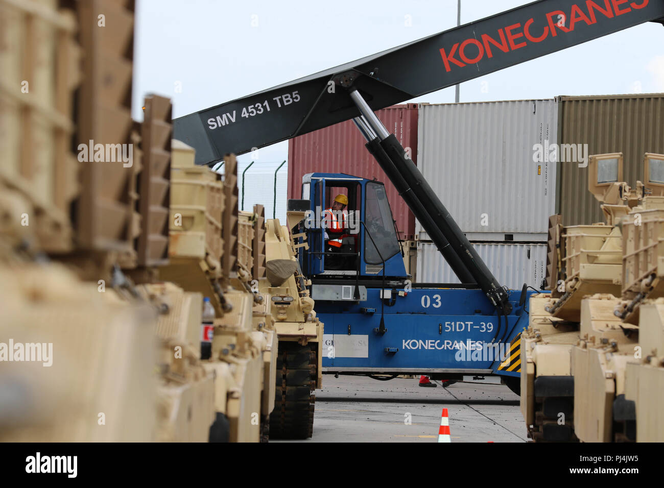 An Employee With The Deepwater Container Terminal Drives A Forklift To Move Containers For The 2nd Squadron 278th Armored Cavalry Regiment A National Guard Unit Based Out Of Knoxville Tennessee In The