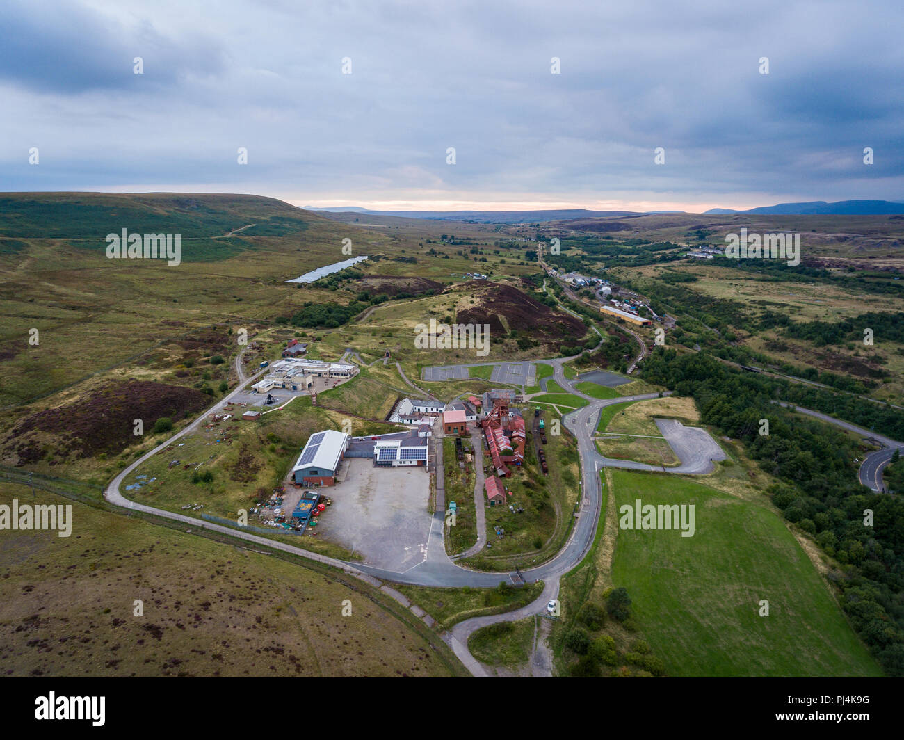 An aerial view of an Old Coal Mine Pit Yard on overcast Day, Blaenavon