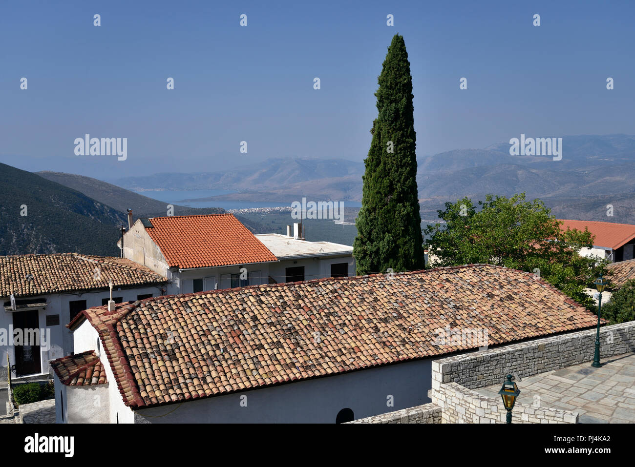 View of the valley of Itea from Delphi town in Central Greece Stock Photo