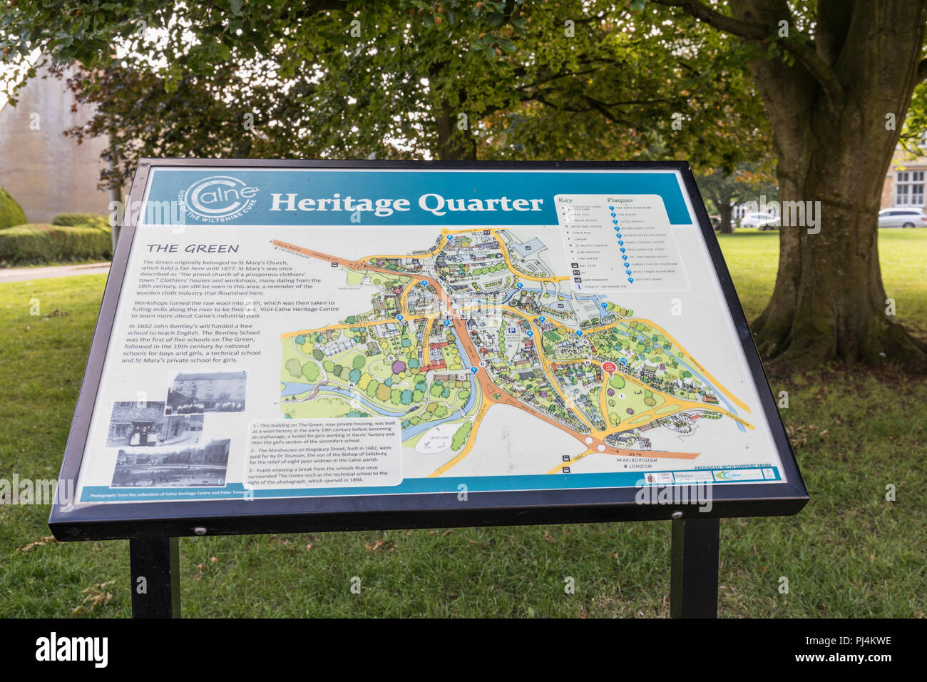 Heritage Quarter Interpretation board on The Green, Calne, Wiltshire, England, UK Stock Photo