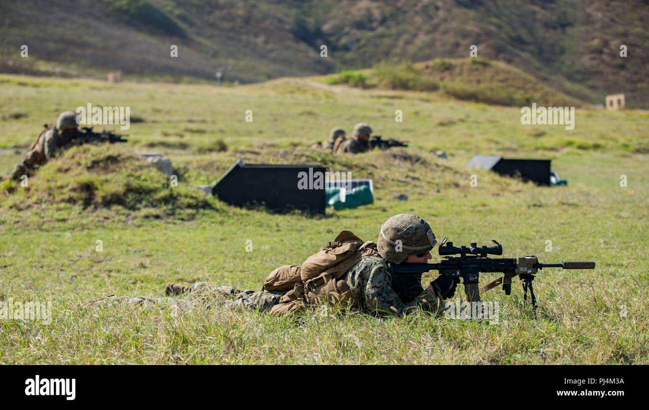 M28 Designated Marksmanship Rifle is a 7.62×51mm NATO precision rifle system employed by the United States Marine Corps for squad-level designated marksman roles. The archival image records a Marine engaging targets with the M28 DMR during Exercise Bougainville I at Marine Corps Base Hawaii on August 29, 2018. The historical photographic print documents pre-deployment live-fire training within 3d Battalion, 3d Marine Regiment. Stock Photo