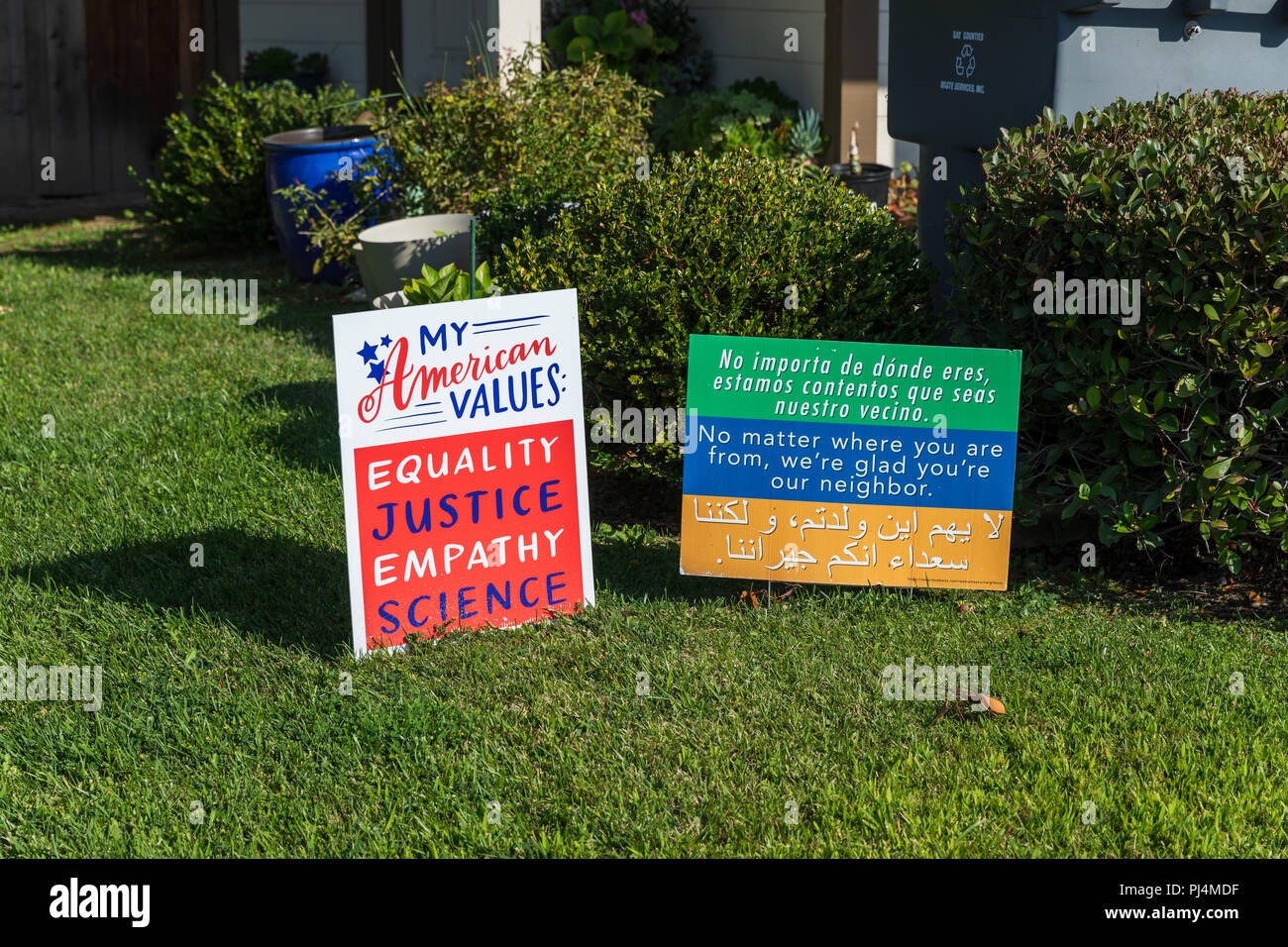 My American Values: Equality, Justice, Empathy, Science; signs outside house in Sunnyvale, California Stock Photo