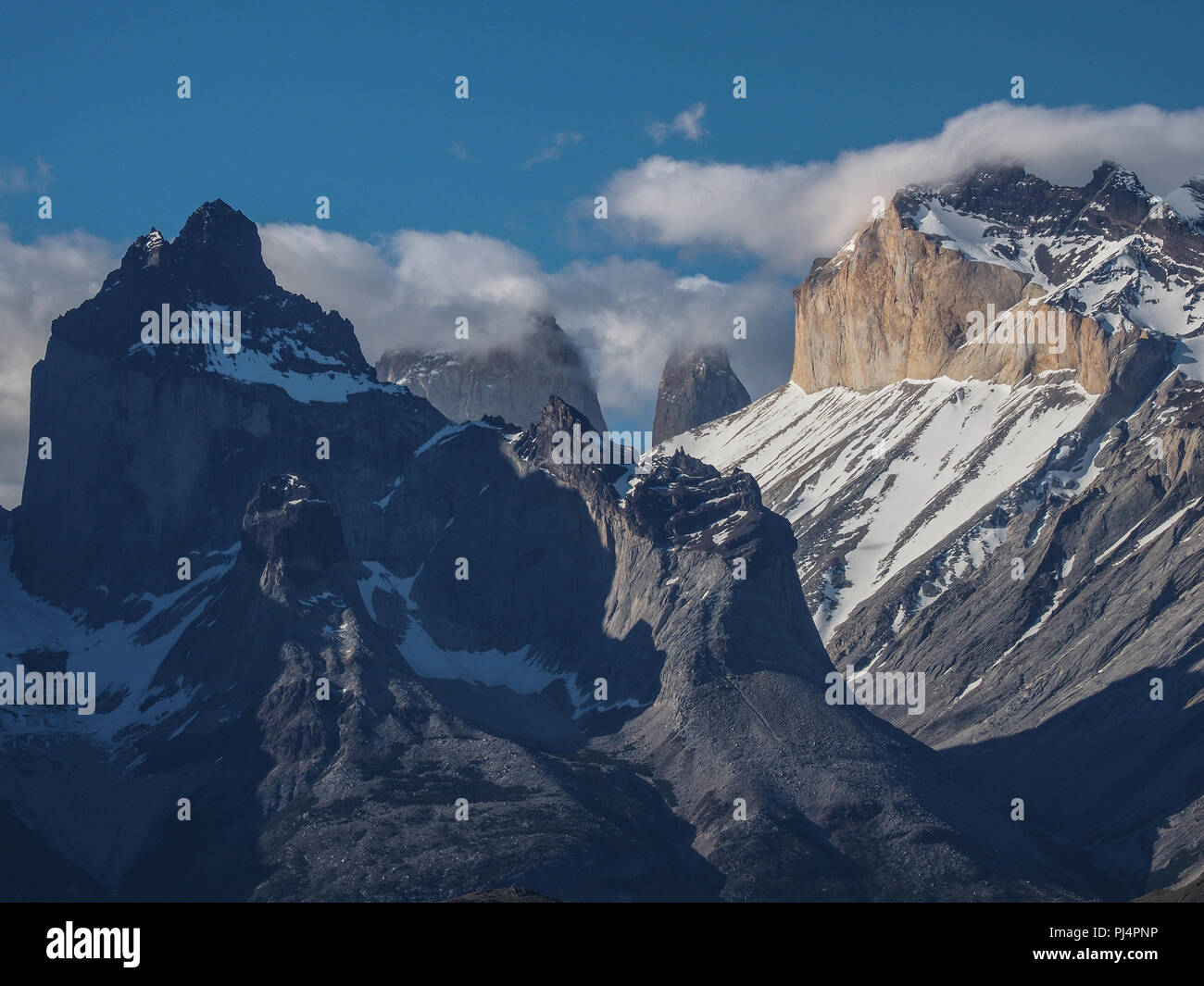 Torres del Paine National Park (spanish: Parque Nacional Torres del Paine) with the  Towers of Paine and Paine Horns, southern Chilean Patagonia. Stock Photo