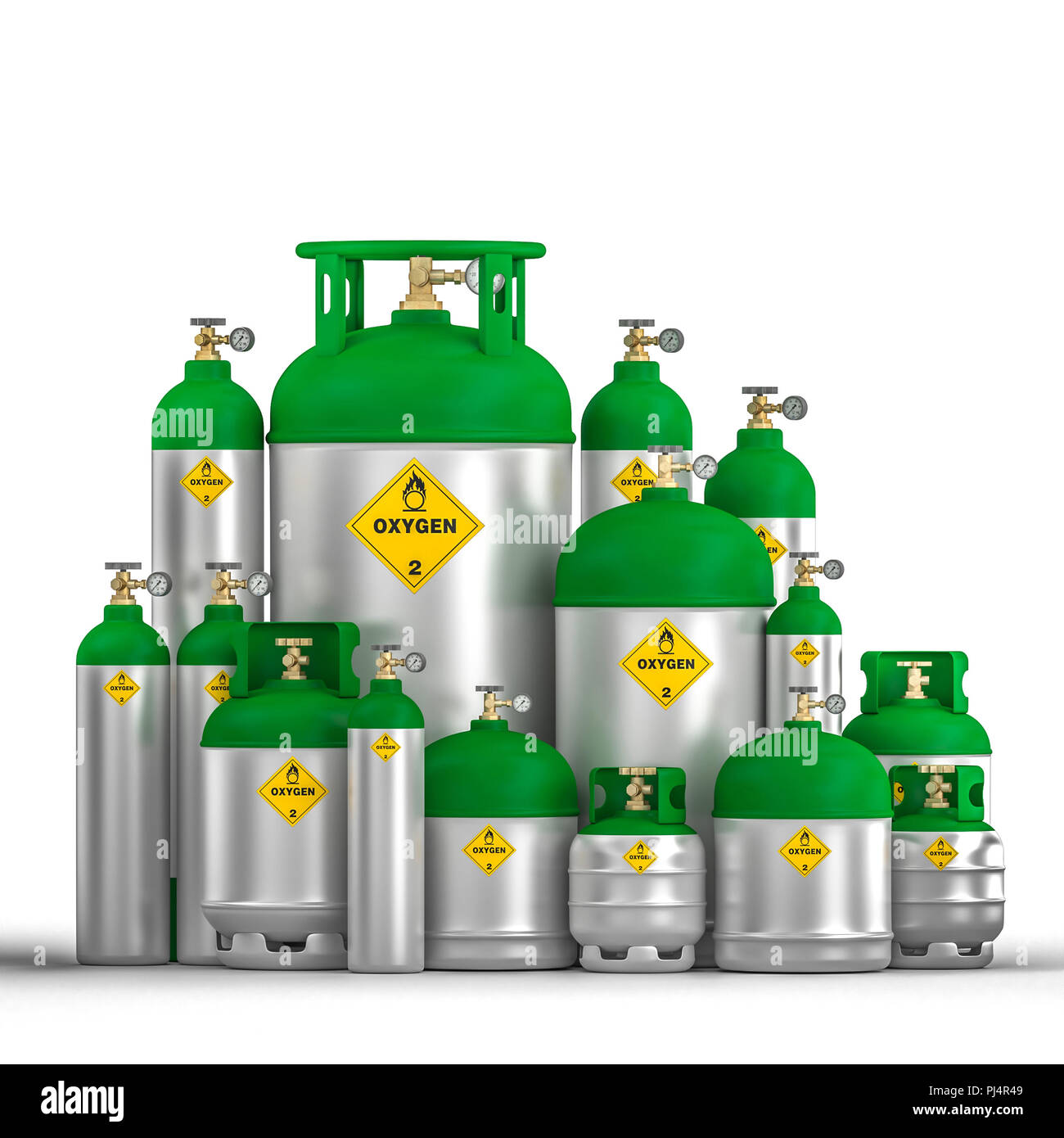 different oxygen cylinder container 3d rendering image Stock Photo