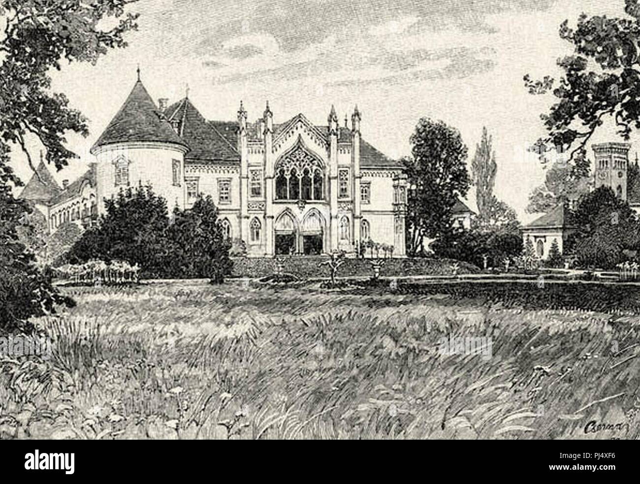 Banffy Castle in Bontida drawing from 19 century. Stock Photo