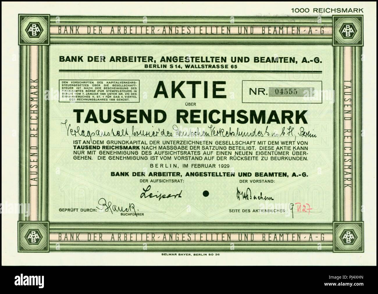 Bank der Arbeiter, Angestellten und Beamten AG 1929. Stock Photo