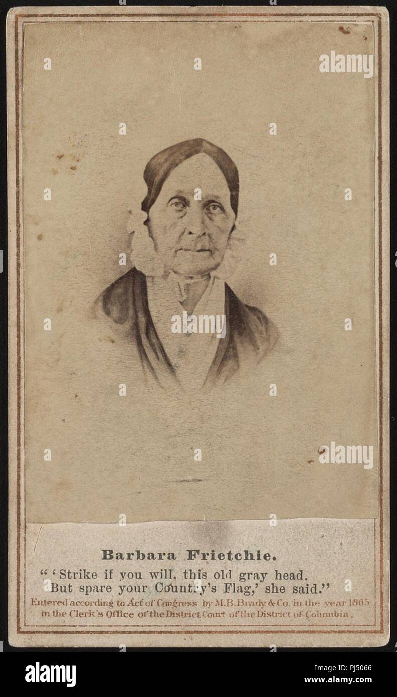 Barbara Frietchie ‘'Strike if you will, this old gray head. But spare your Country's Flag,' she said‘ - - M.B. Brady & Co., National Photographic Portrait Galleries, No. 352 Pennsylvania Stock Photo