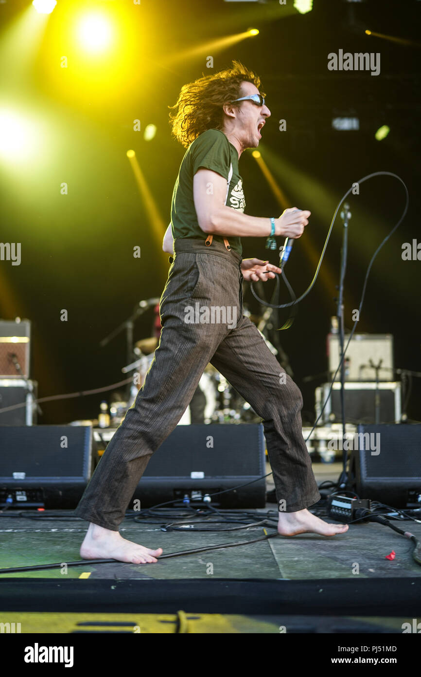 Lias Saoudi The Fat White Family performing live on the Woods Stage at the 2018 End of the Road Festival in Larmer Tree Gardens in Dorset. Photo date: Stock Photo