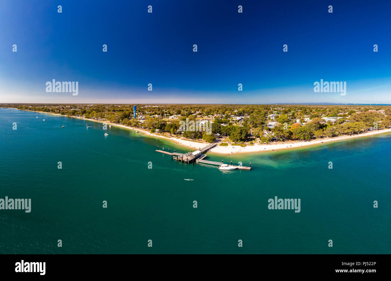 Aerial view of Bongaree Jetty on Bribie Island, Sunshine Coast, Queensland, Australia Stock