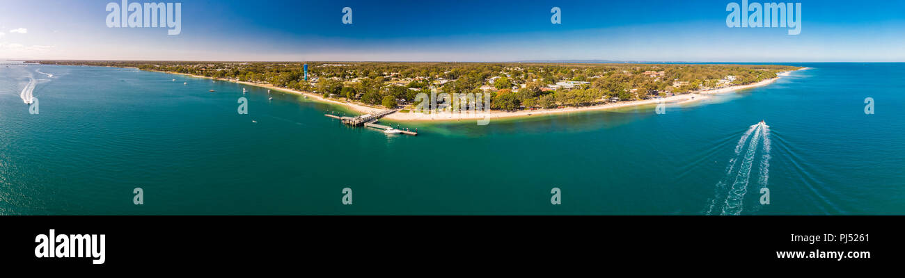 Aerial view of Bongaree Jetty on Bribie Island, Sunshine Coast, Queensland, Australia Stock Photo