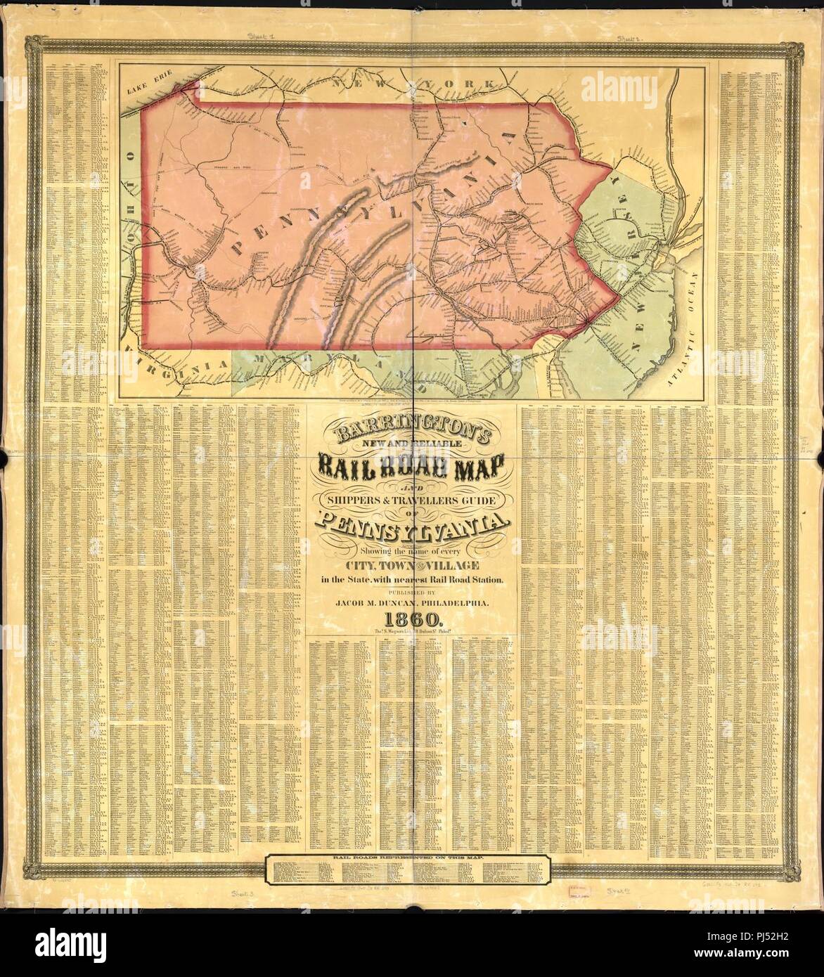 Barringtons new and reliable railroad map and shippers & travellers guide of Pennsylvania, Engrd. by Ths. Leonhardt, showing the name of every city, town and village in the state, with nearest rail Stock Photo