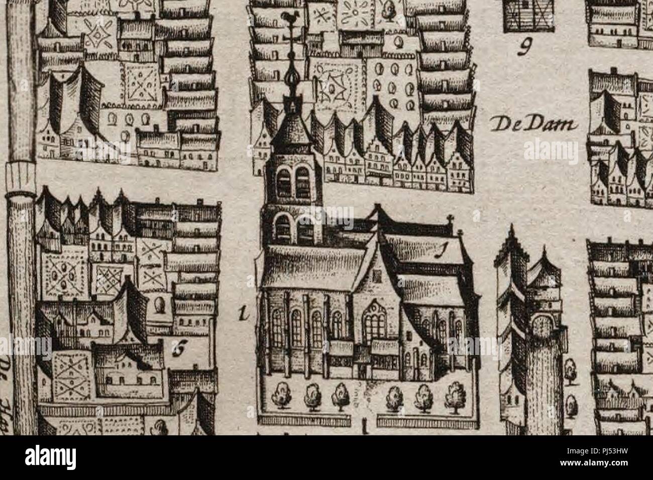 Bartholomeuskerk en weeshuis in Schoonhoven kaart Blaeu 1649. Stock Photo