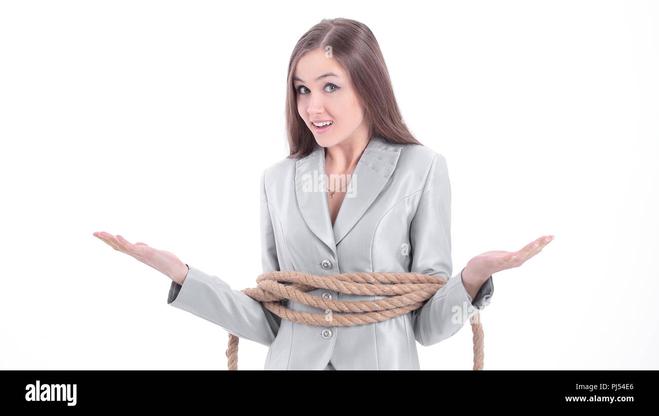 Young Business Woman Wrapped A Rope Stock Photo - Alamy