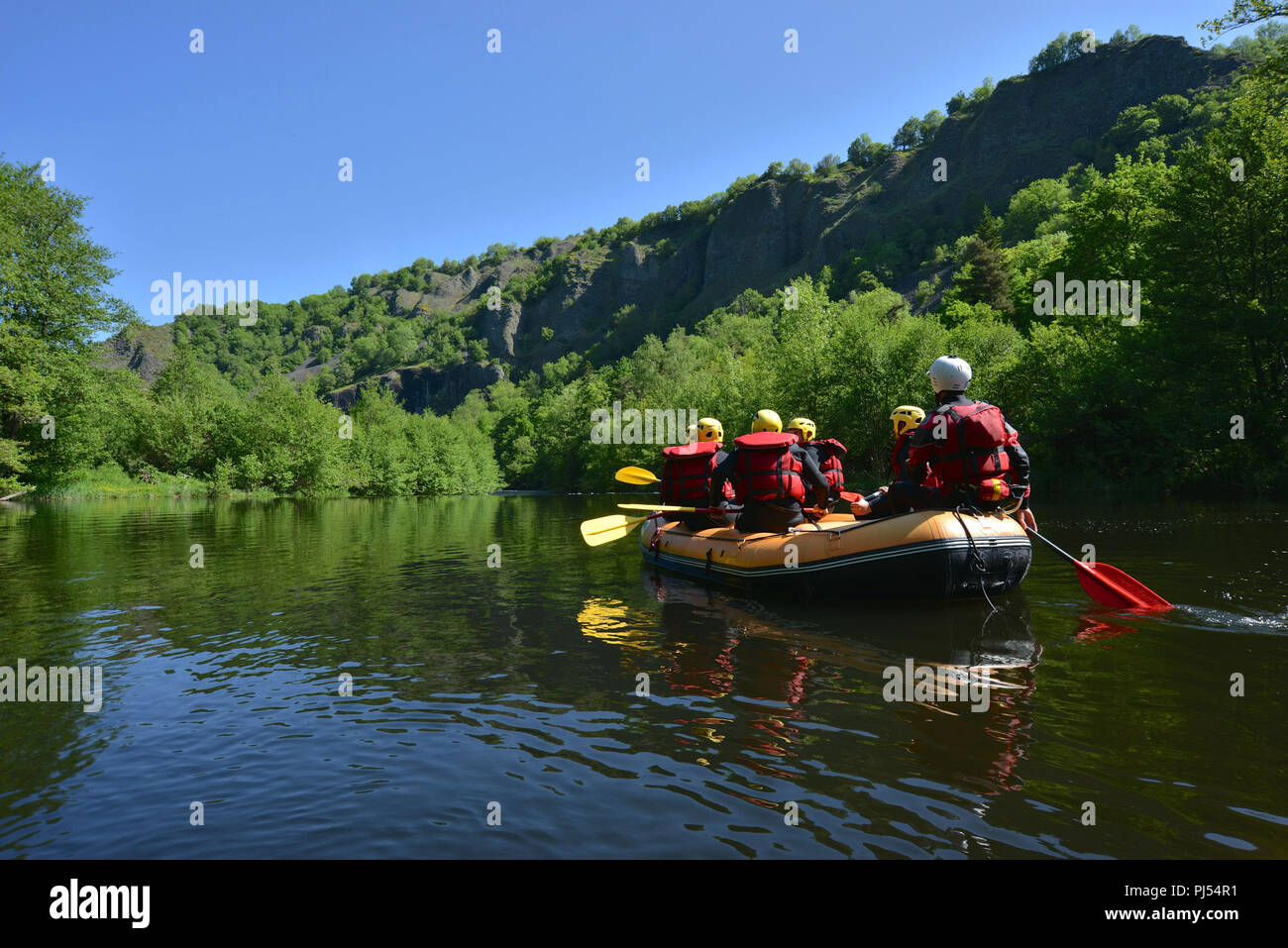 Rafting in the gorges of the Allier river from Monistrol-dÕAllier. Raft on the river, dead calm Stock Photo
