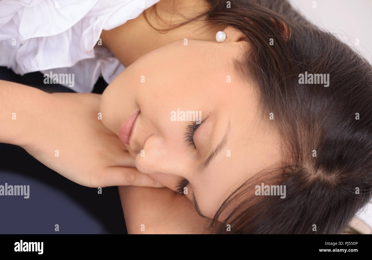 Tired Young Business Woman Sleeping Sitting At Your Desk Stock