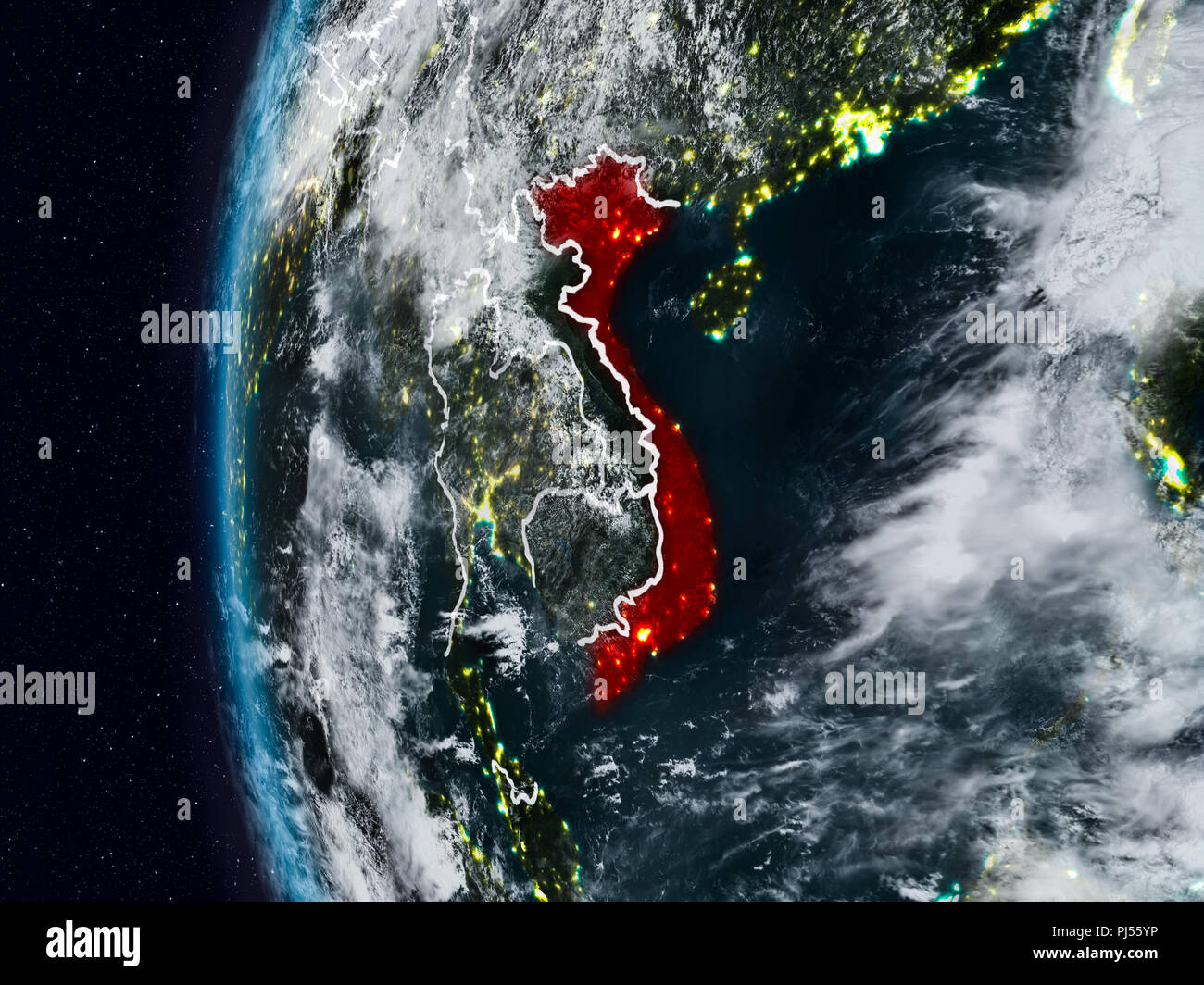 Vietnam at night with visible country borders. 3D illustration. Elements of this image furnished by NASA. Stock Photo