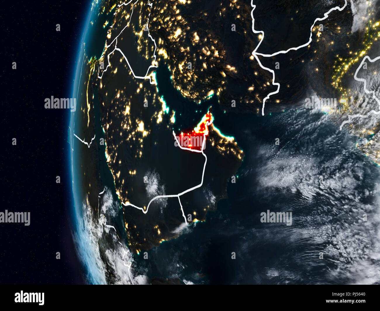 United Arab Emirates at night with visible country borders. 3D illustration. Elements of this image furnished by NASA. Stock Photo