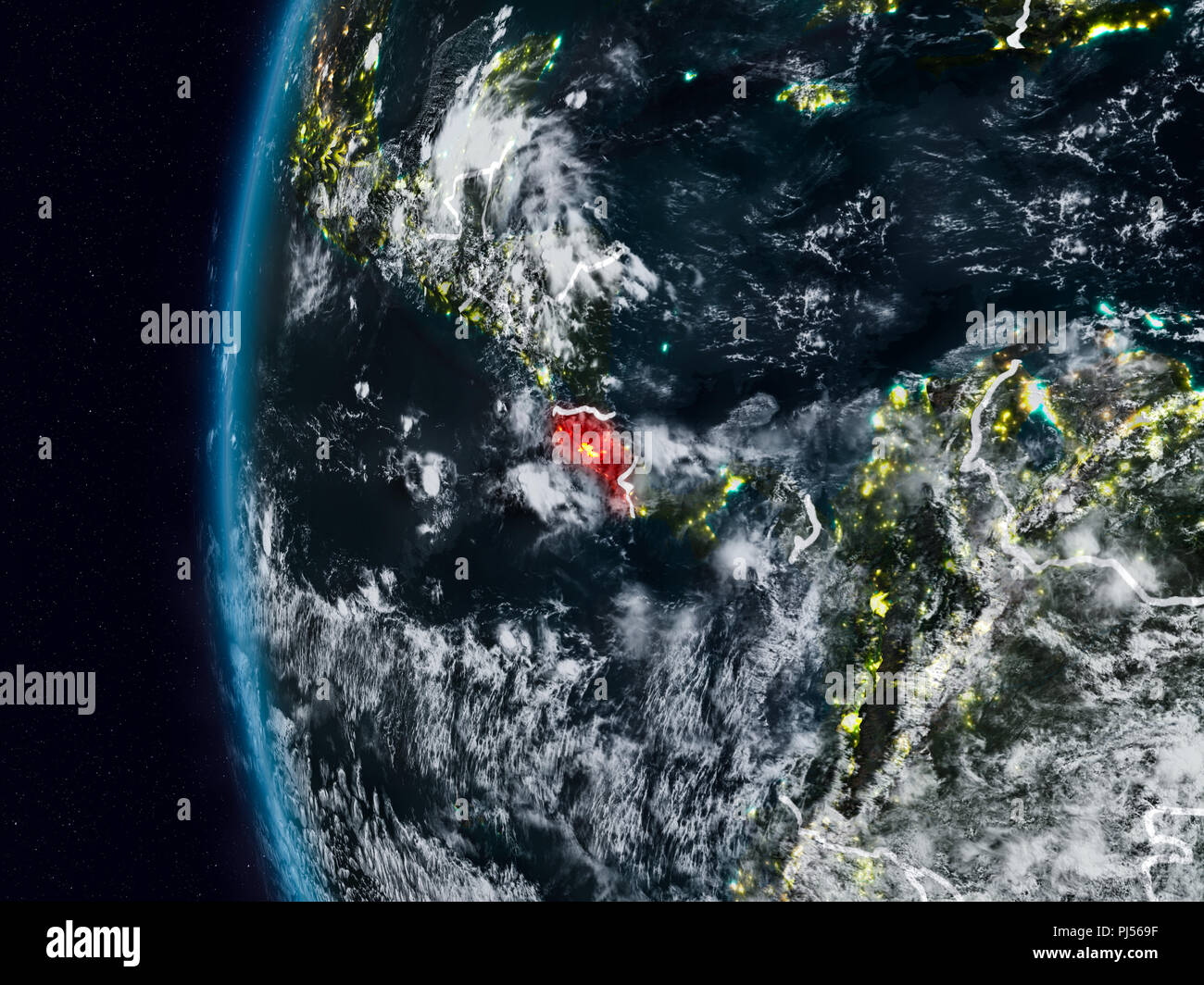 Costa Rica at night with visible country borders. 3D illustration ...