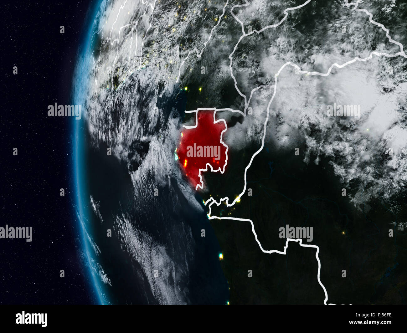 Gabon at night with visible country borders. 3D illustration. Elements ...