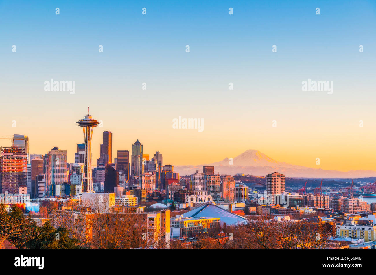 beautiful Seattle city skyline on the sunset,Washington,usa. Stock Photo