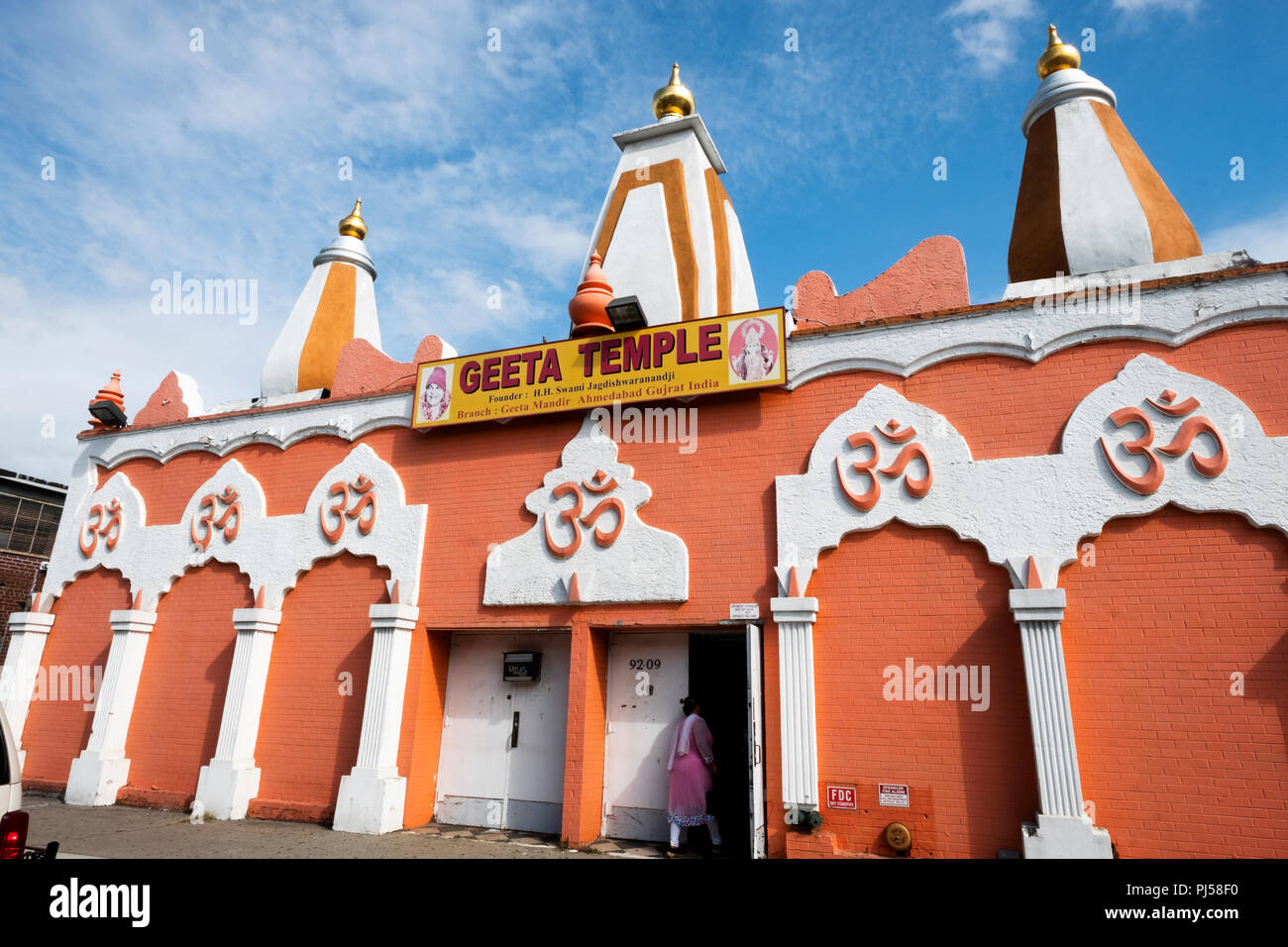 The exterior of the Geeta Temple, a Hindu temple in Corona, Queens, New