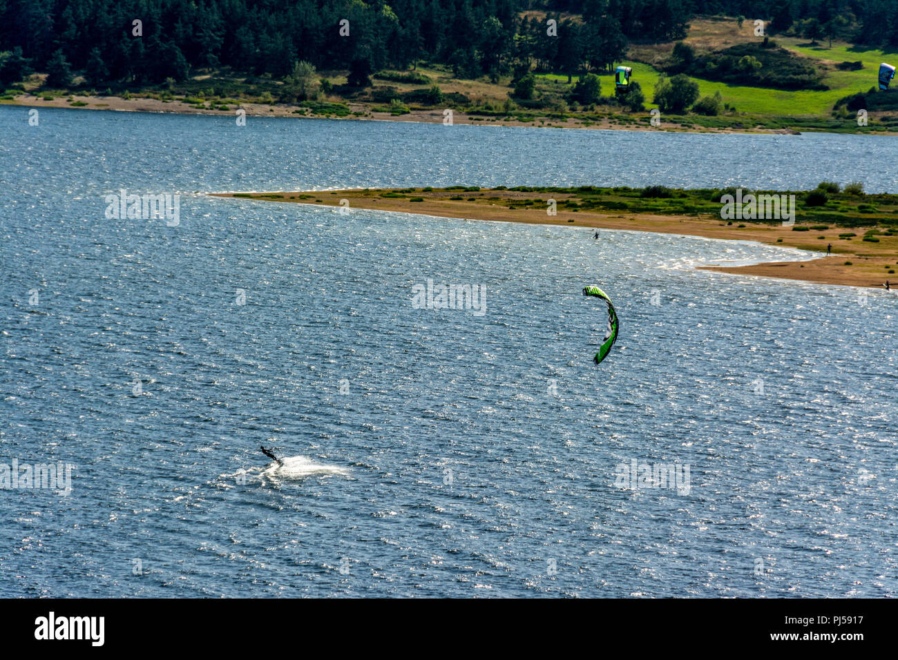 Langogne, kitesurf on Naussac lake, Naussac dam, Lozere, Occitanie, France, Europe Stock Photo